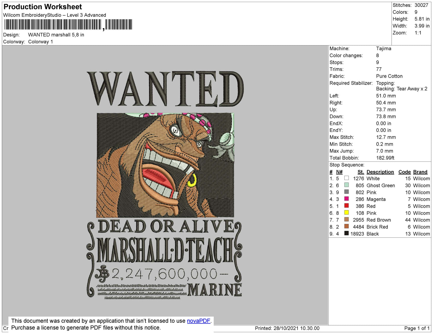 Wanted Marshall Embroidery File 4 size