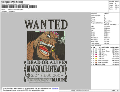 Wanted Marshall Embroidery File 4 size