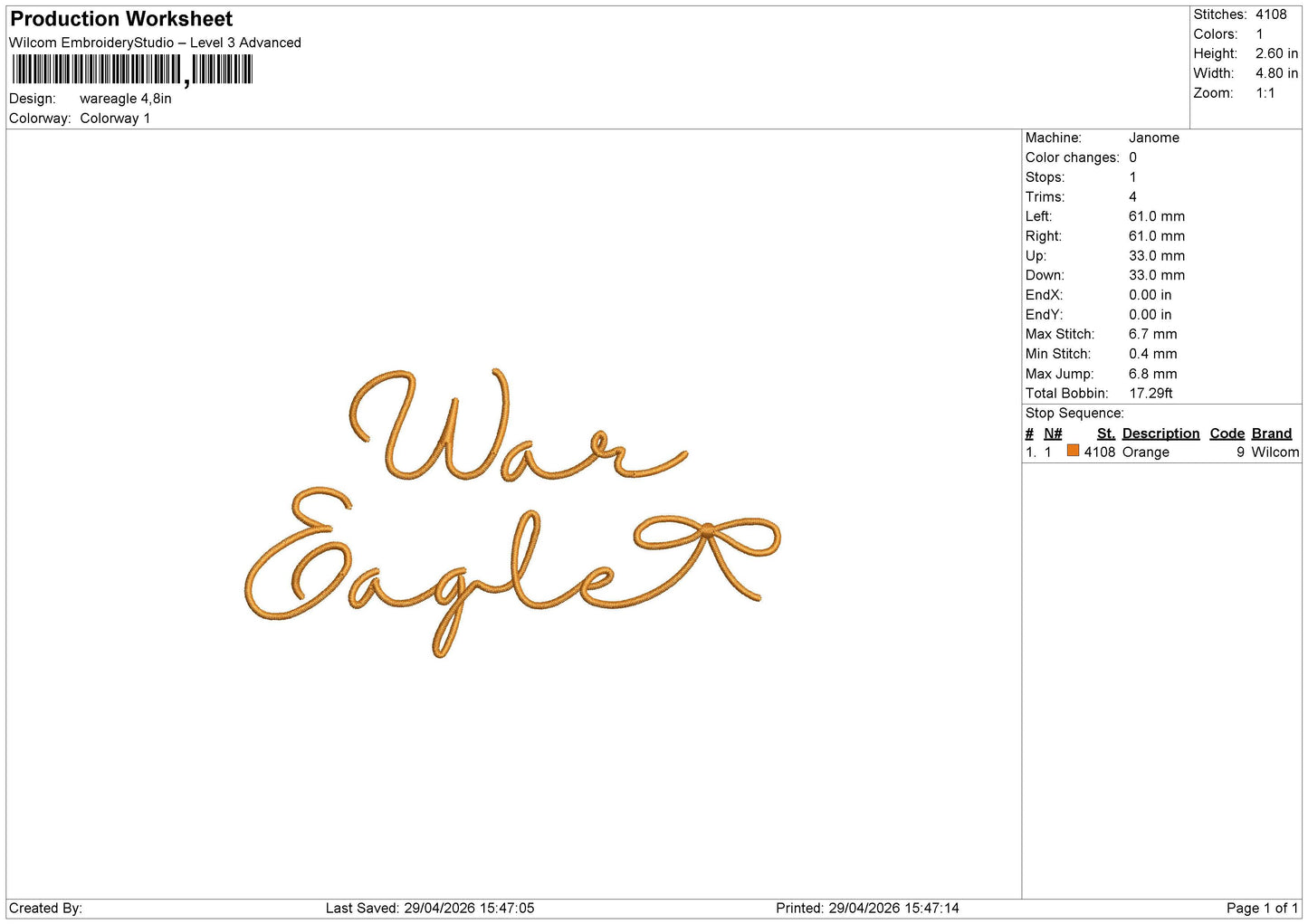 wareagle Embroidery File 6 sizes