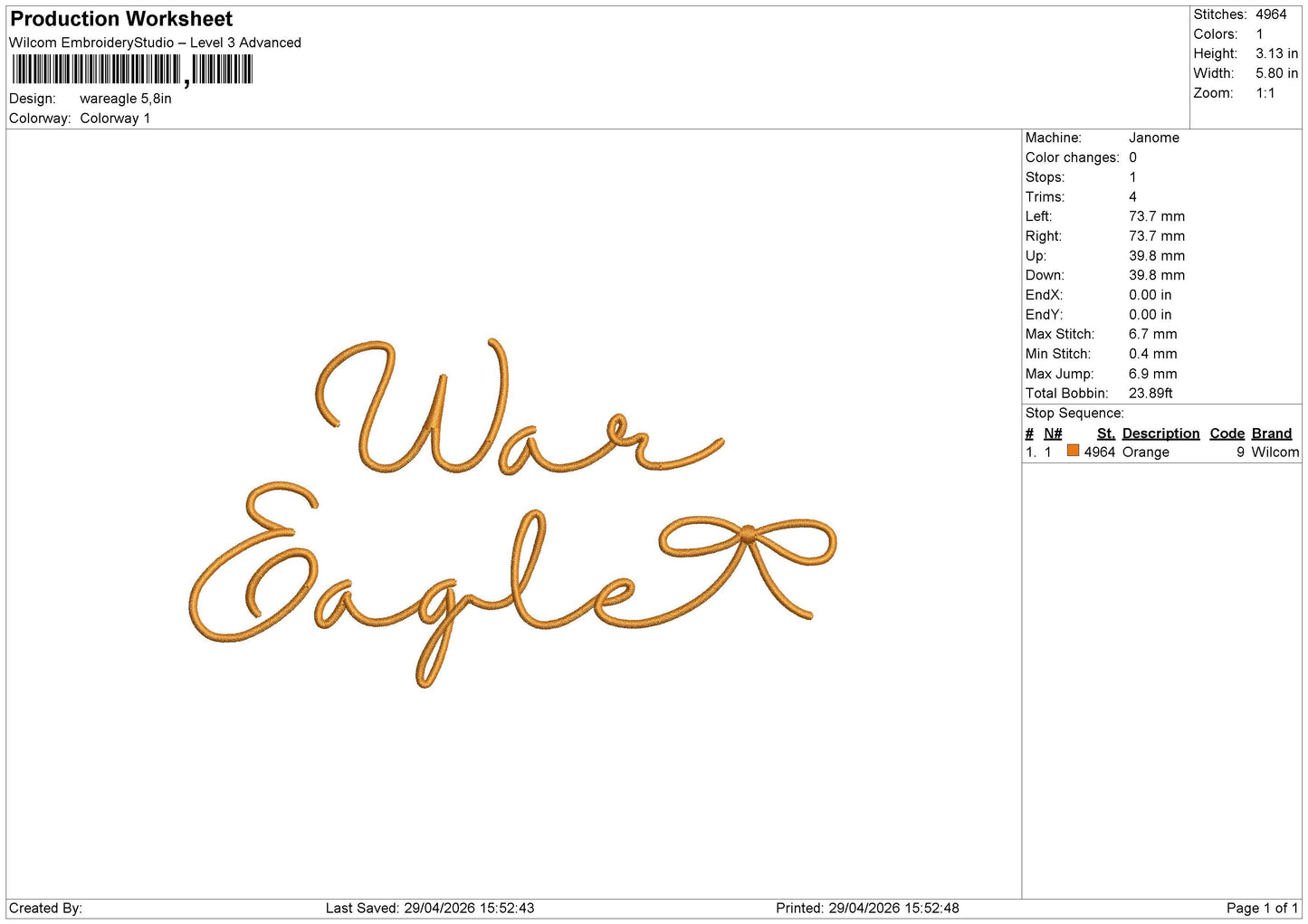 wareagle Embroidery File 6 sizes
