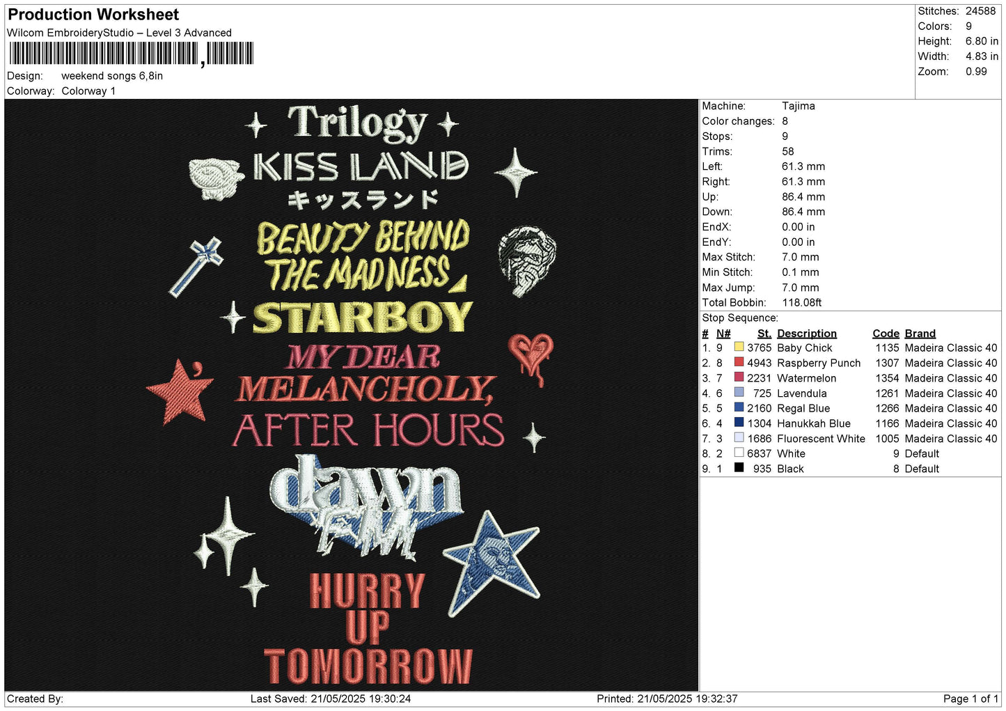 Weekend songs Embroidery File 6 size