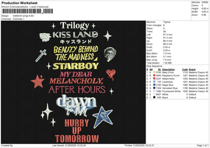 Weekend songs Embroidery File 6 size