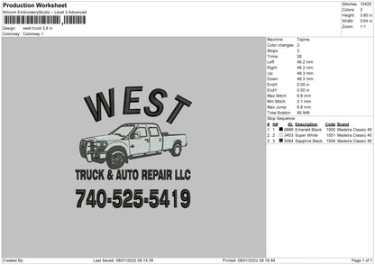 West Truck Embroidery File 4 size