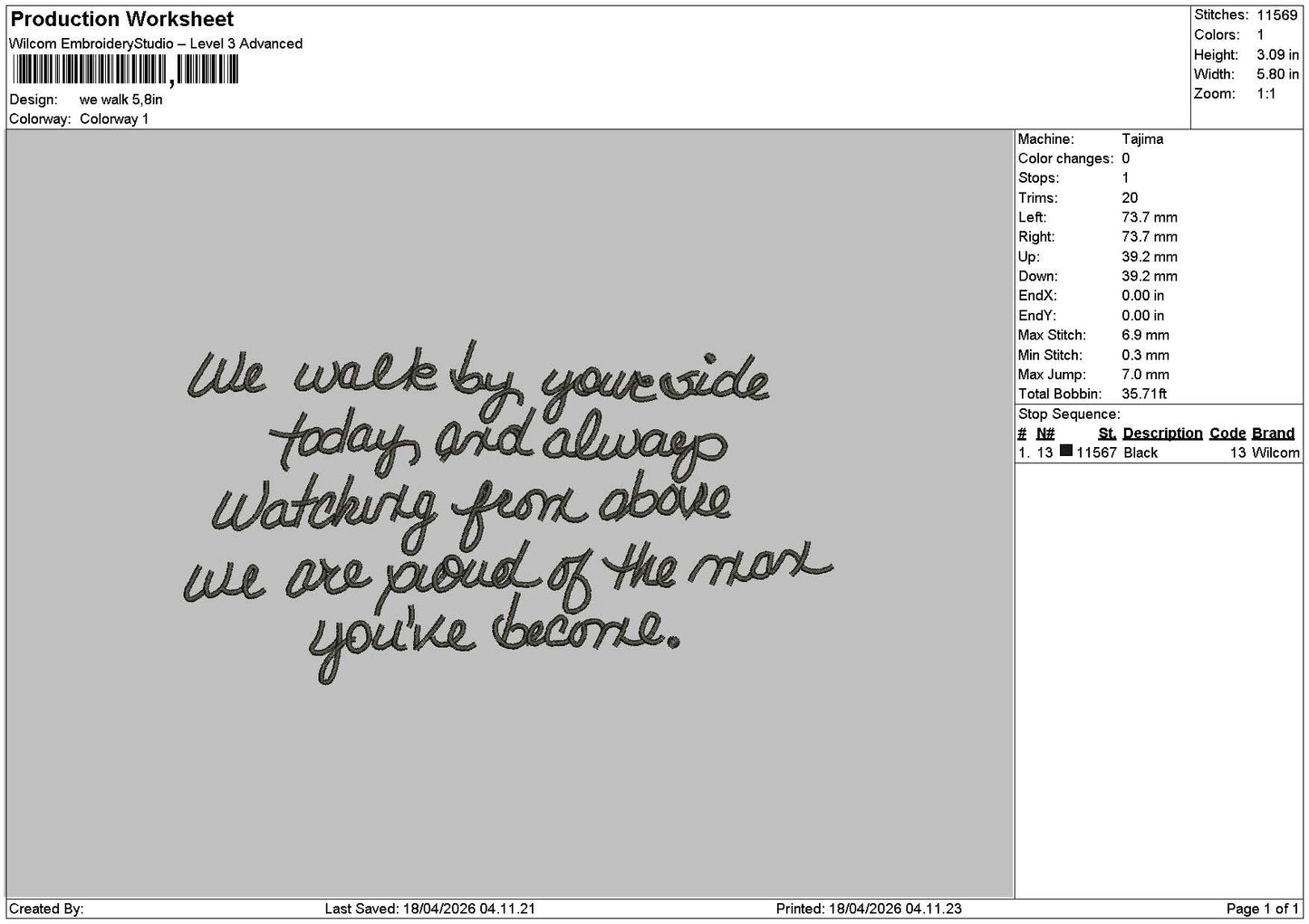 Walk Text Embroidery File 6 sizes