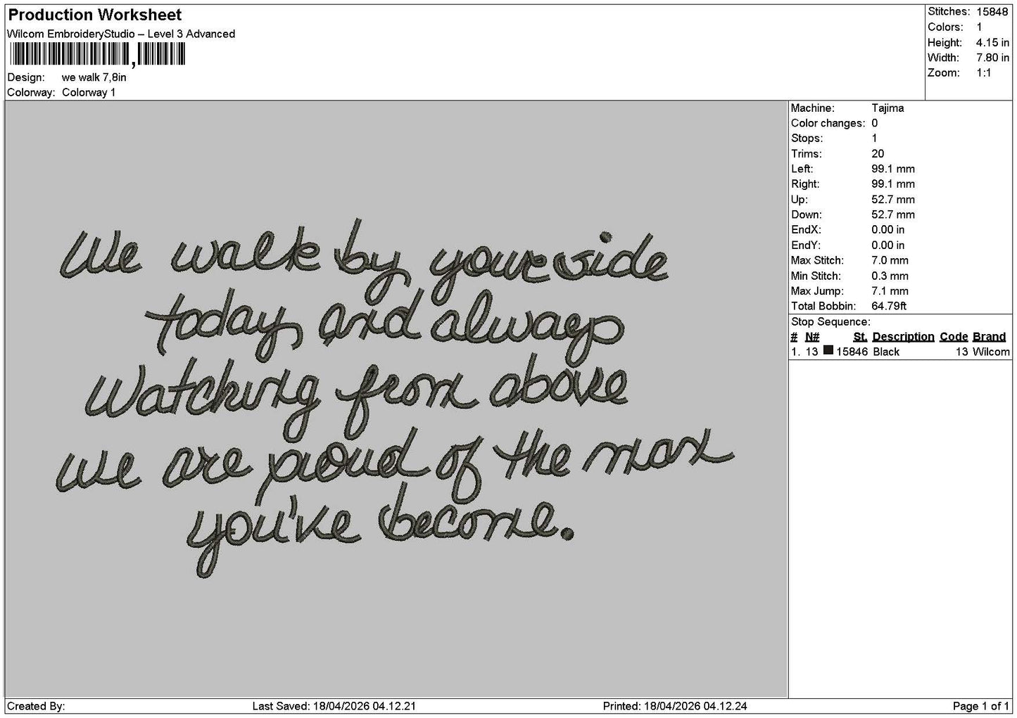 Walk Text Embroidery File 6 sizes