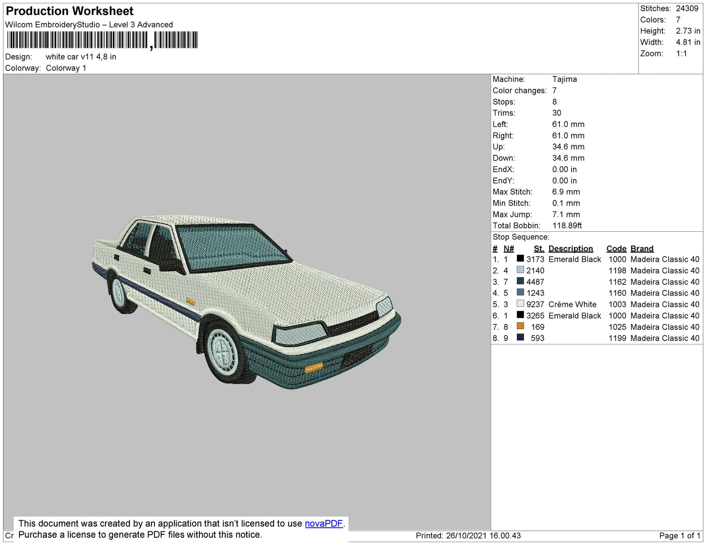 White Car V11 Embroidery File 4 size