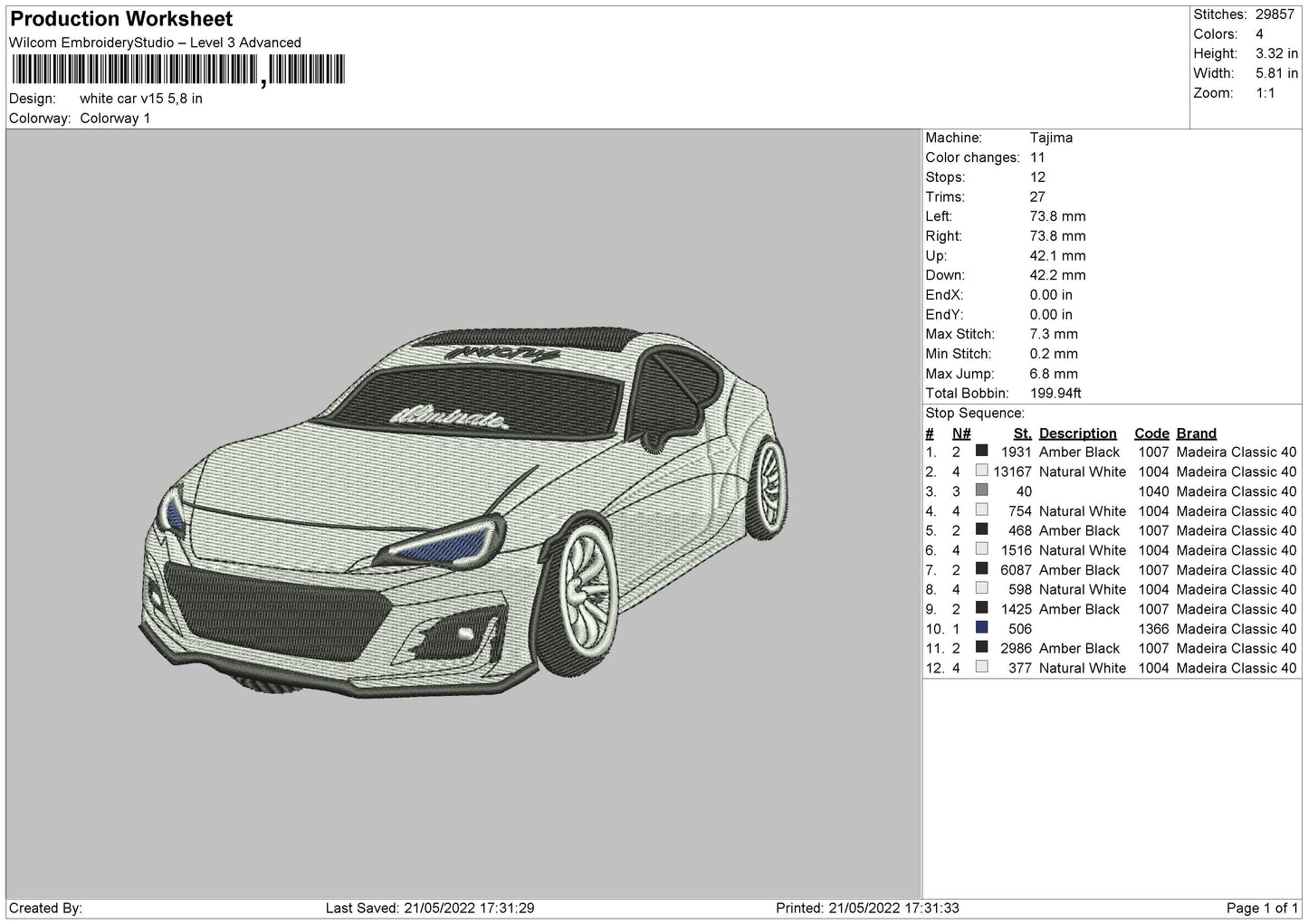 White Car V15 Embroidery File 4 size