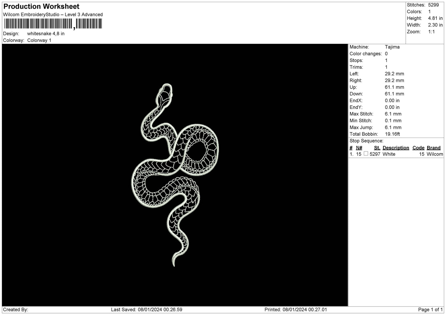 Whitesneak Embroidery File 6 sizes