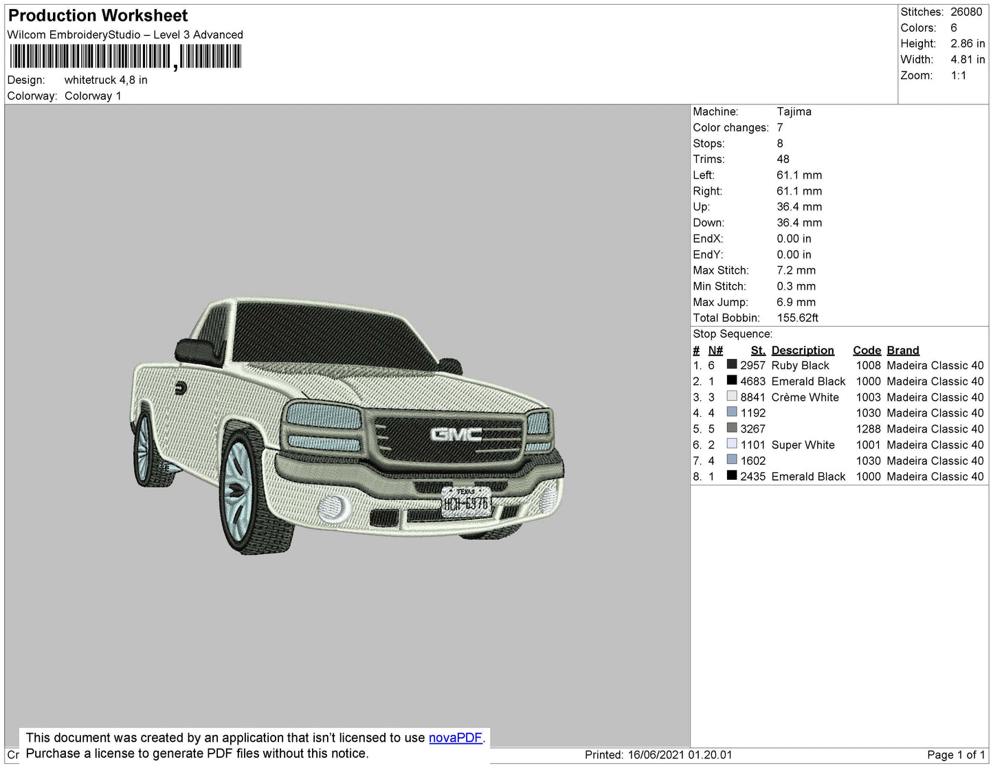 Whitetruck Embroidery File 4 size