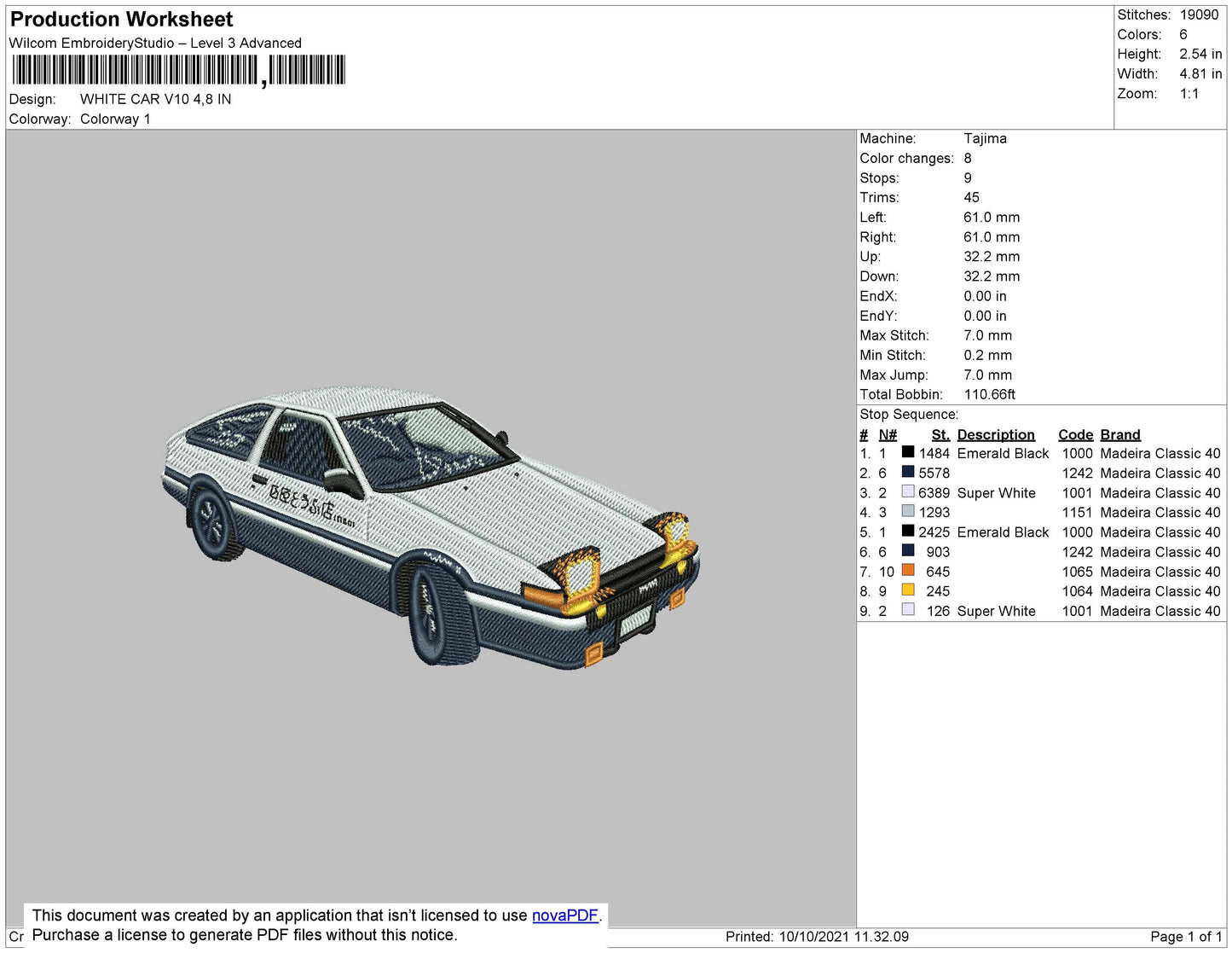 White Car v10 Embroidery File 4 size