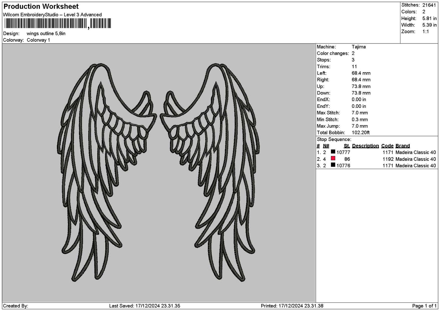 Wings Outline 02 Embroidery File 6 sizes