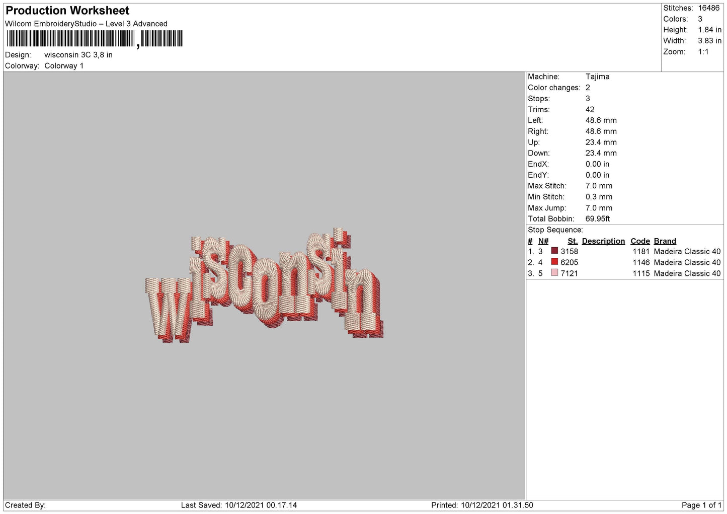 Wisconsin 3C Embroidery File 4 size