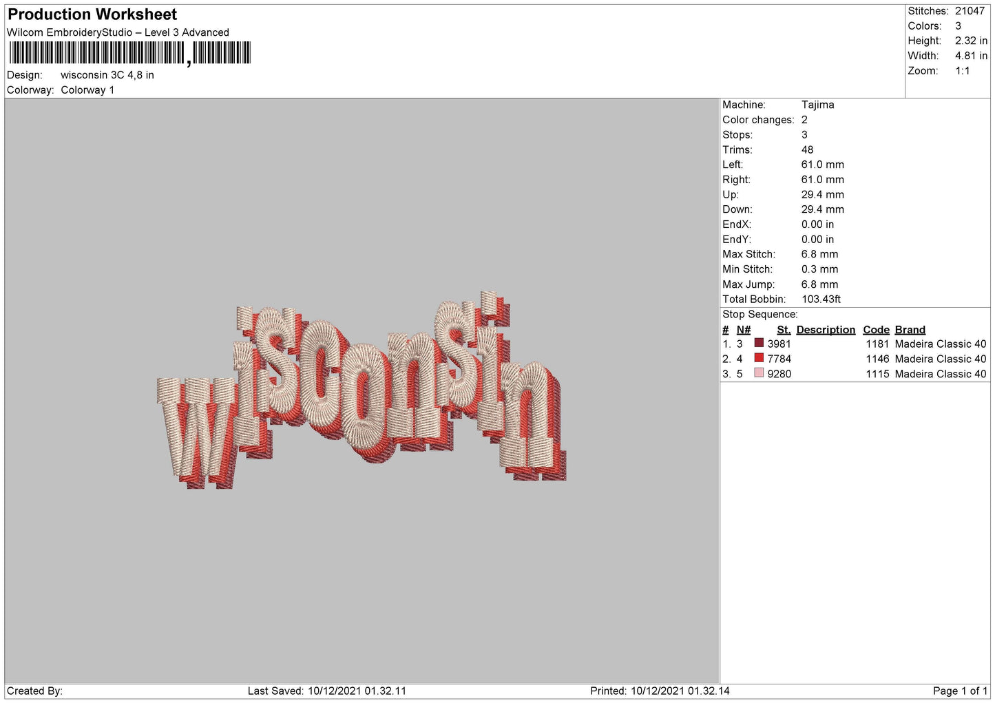 Wisconsin 3C Embroidery File 4 size