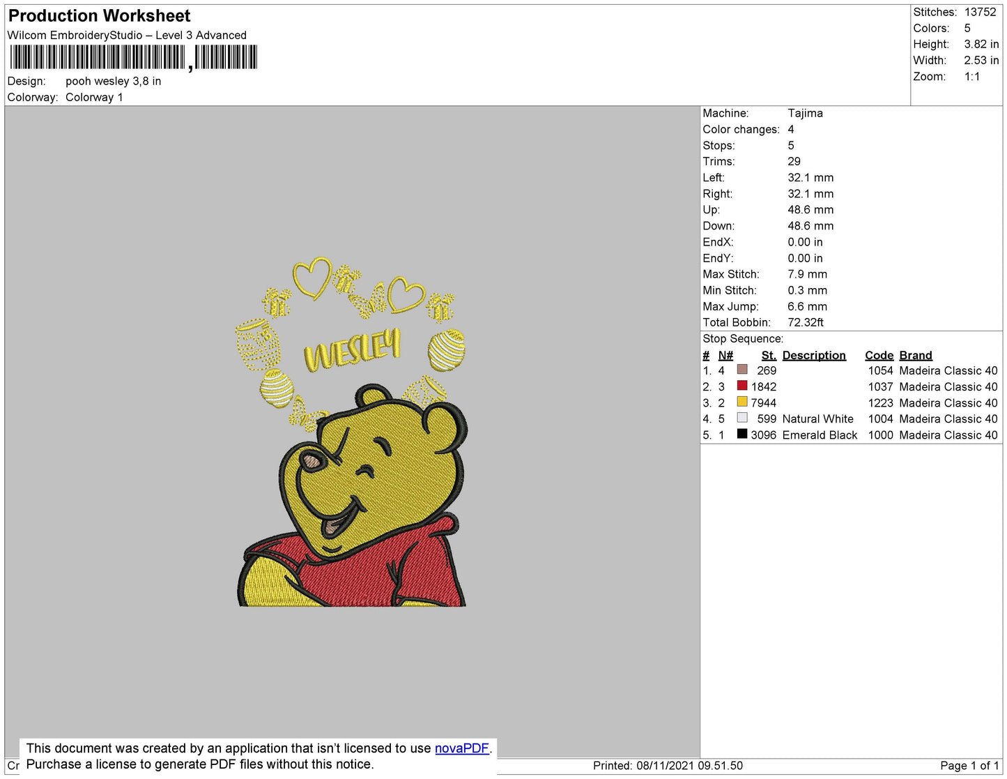 Pooh Wisley Embroidery File 4 size