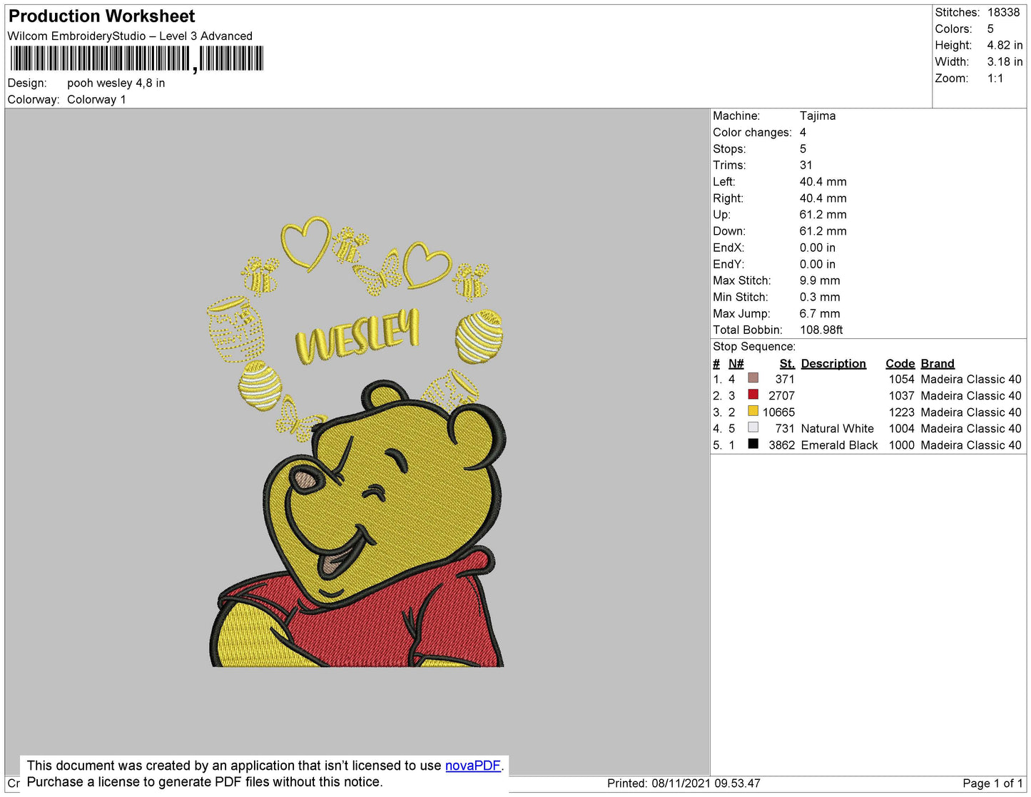 Pooh Wisley Embroidery File 4 size