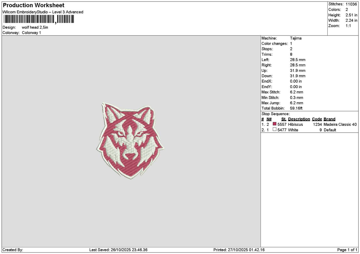 Wolfhead 2710 Embroidery File 6 sizes