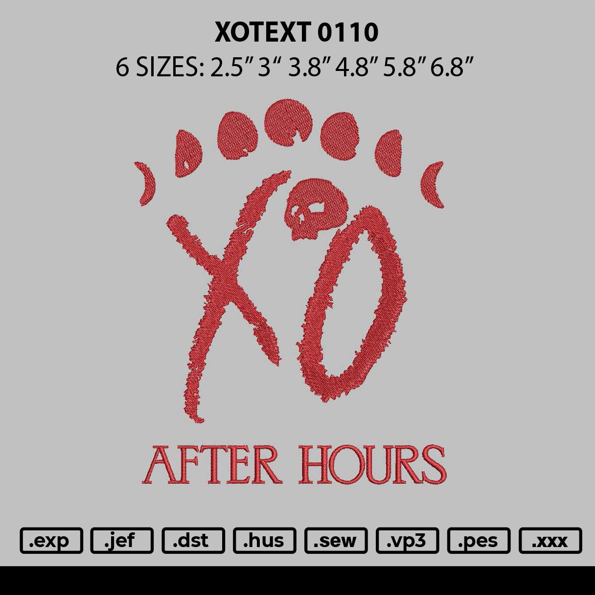 Xotext 0110 Embroidery File 6 sizes