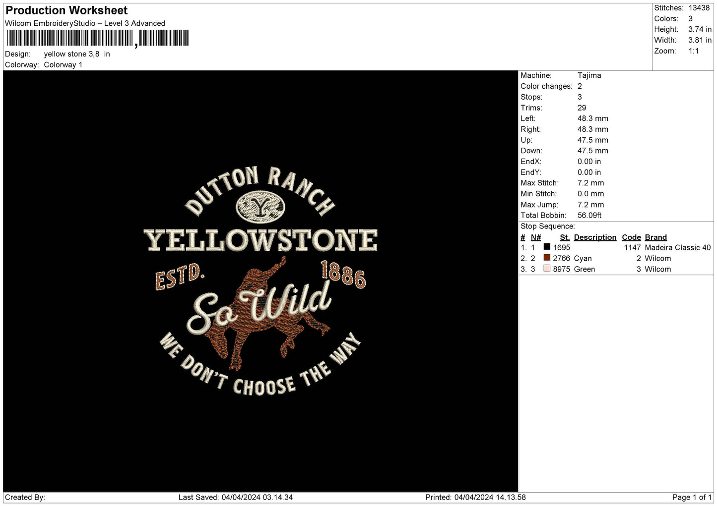 Yellowstone Embroidery Design File 6 sizes