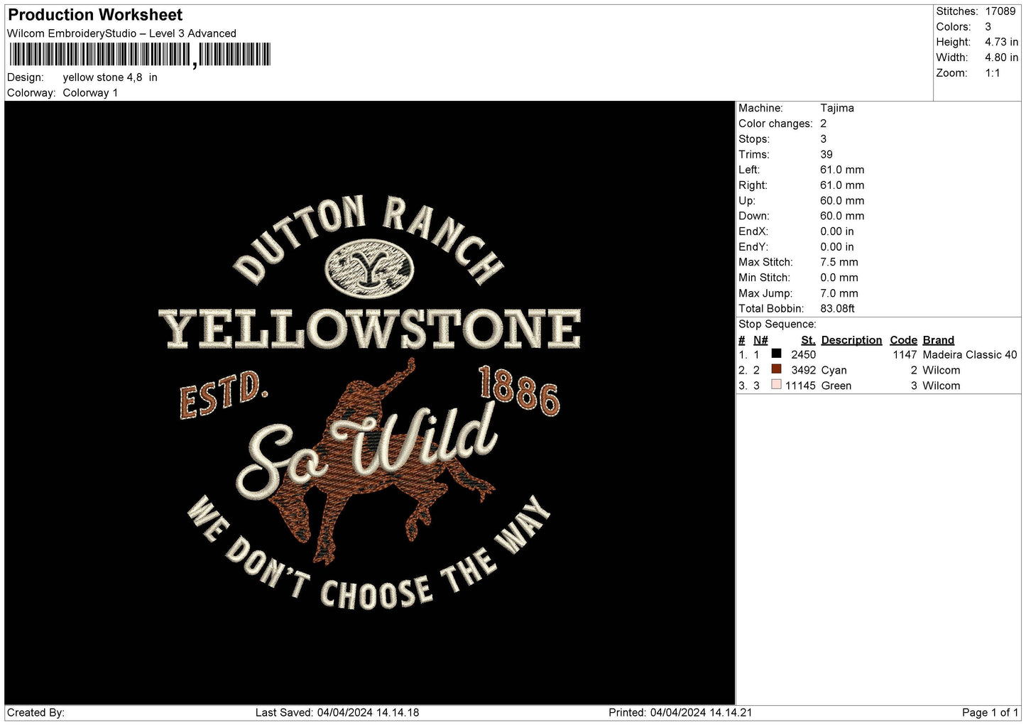 Yellowstone Embroidery Design File 6 sizes