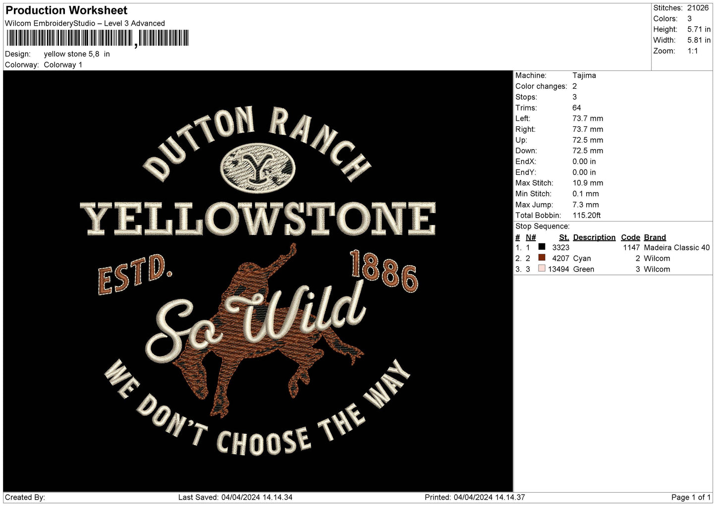 Yellowstone Embroidery Design File 6 sizes