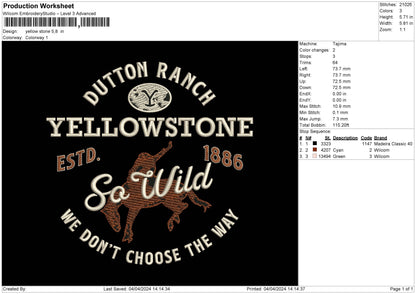 Yellowstone Embroidery Design File 6 sizes