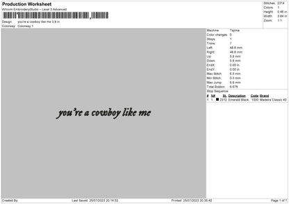 You are Cowboy Like me Embroidery Design File 6 sizes