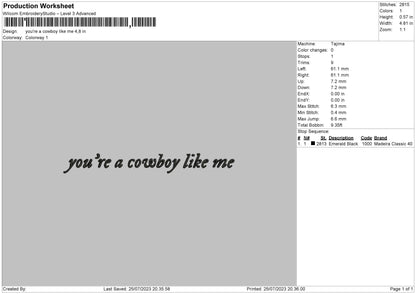 You are Cowboy Like me Embroidery Design File 6 sizes