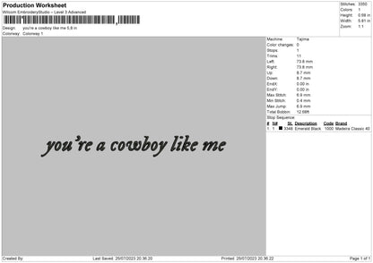 You are Cowboy Like me Embroidery Design File 6 sizes
