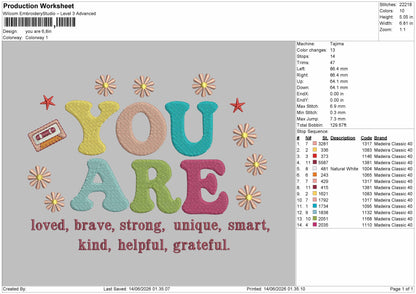 You Are Text 1306 Embroidery Machine Design File 6 sizes
