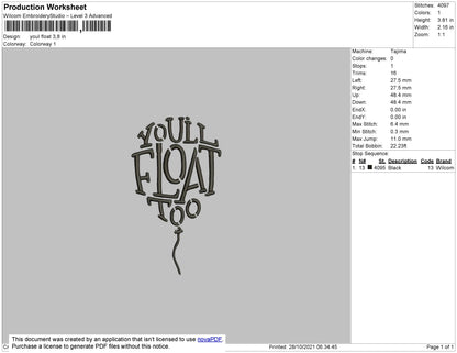You'll Float too Embroidery Design File 4 size