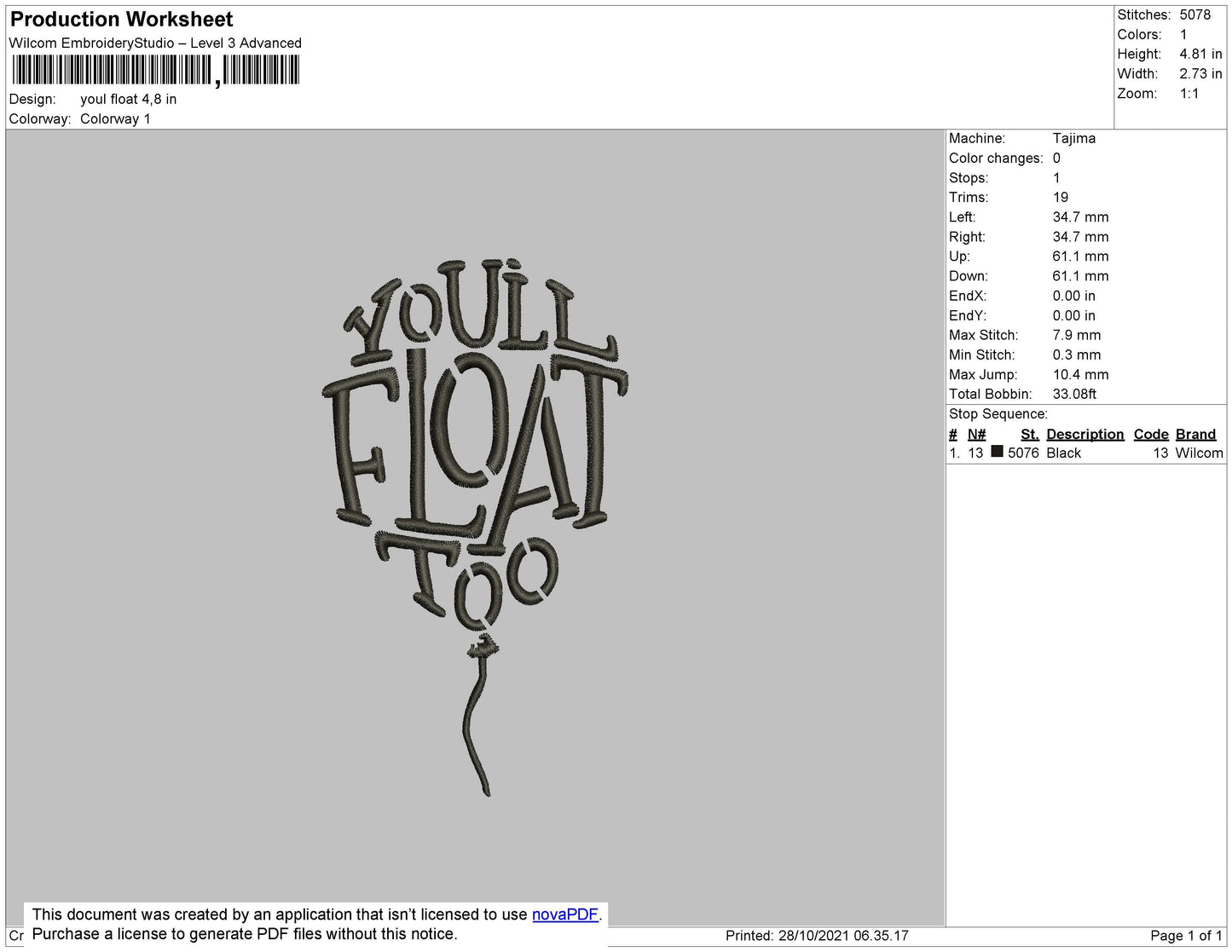 You'll Float too Embroidery Design File 4 size