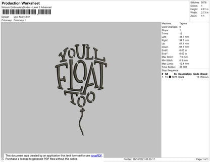 You'll Float too Embroidery Design File 4 size