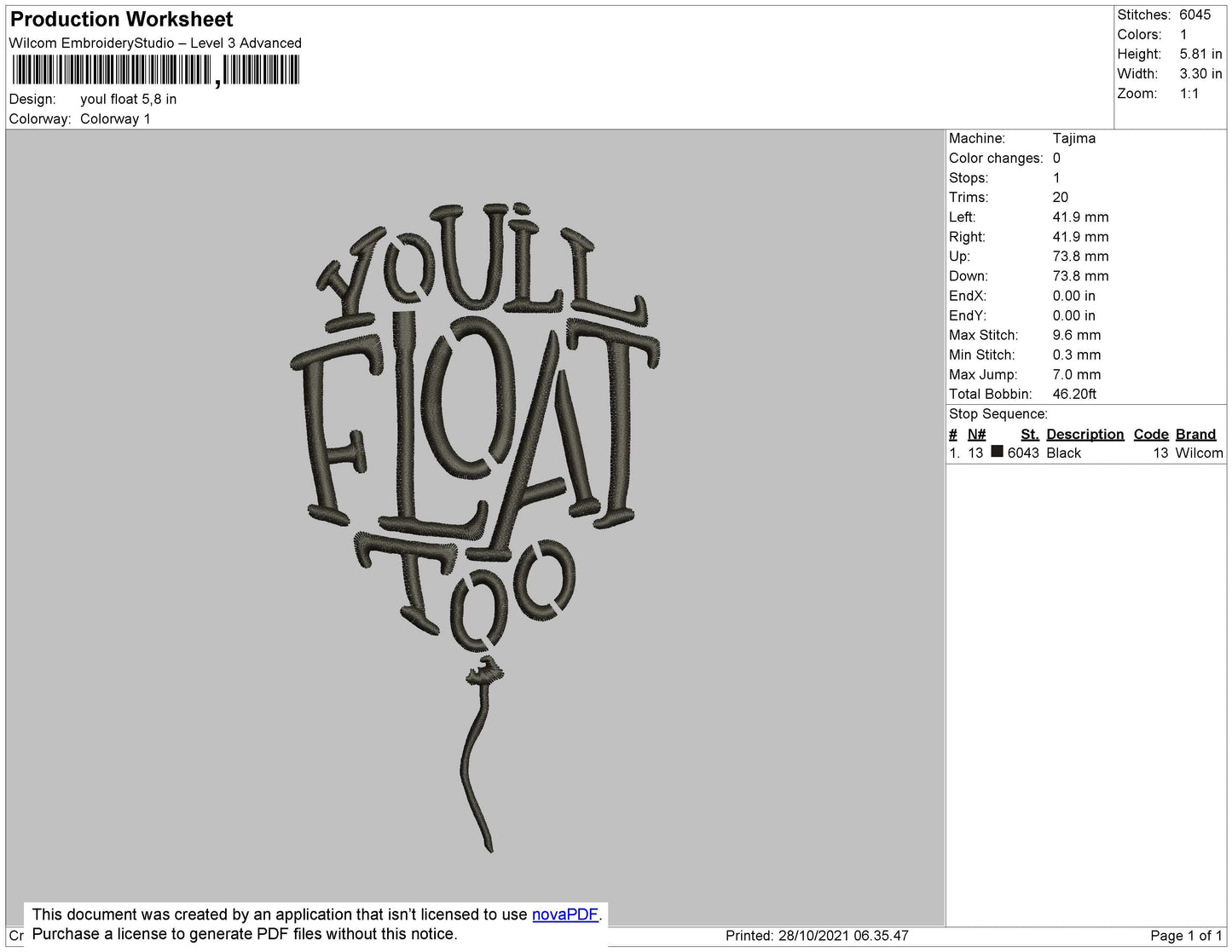 You'll Float too Embroidery Design File 4 size