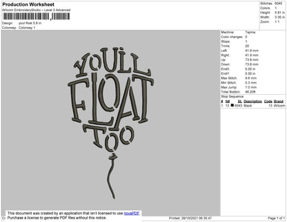 You'll Float too Embroidery Design File 4 size