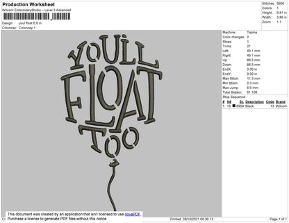 You'll Float too Embroidery Design File 4 size
