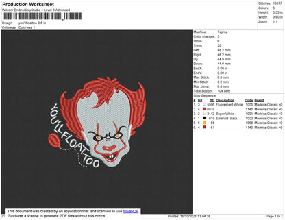 You Will Float Embroidery File 4 size