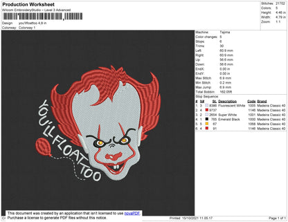 You Will Float Embroidery File 4 size