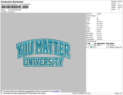 You Matter University Embroidery Design File 4 size