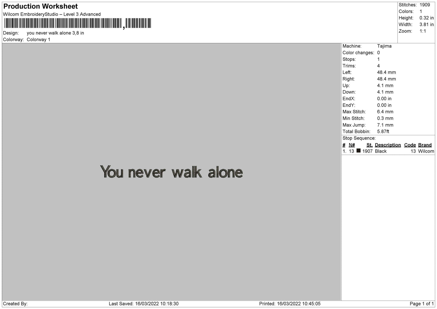 You Never Walk alone Embroidery Design File 4 size