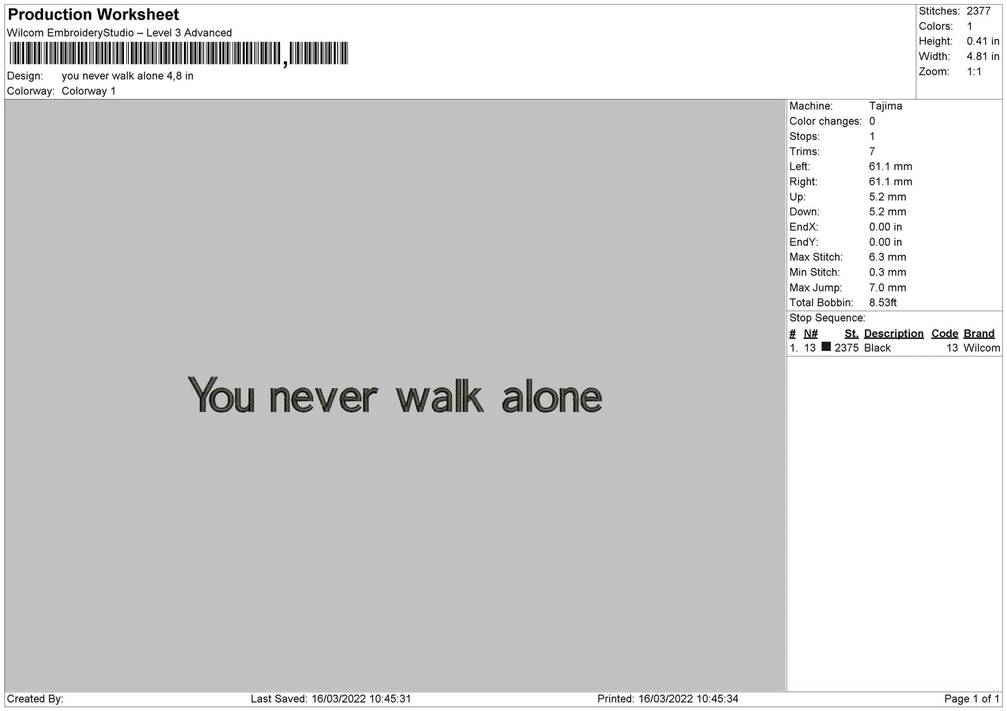 You Never Walk alone Embroidery Design File 4 size