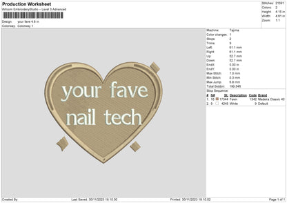 Your Fave Nail Tech Embroidery Design File 6 sizes