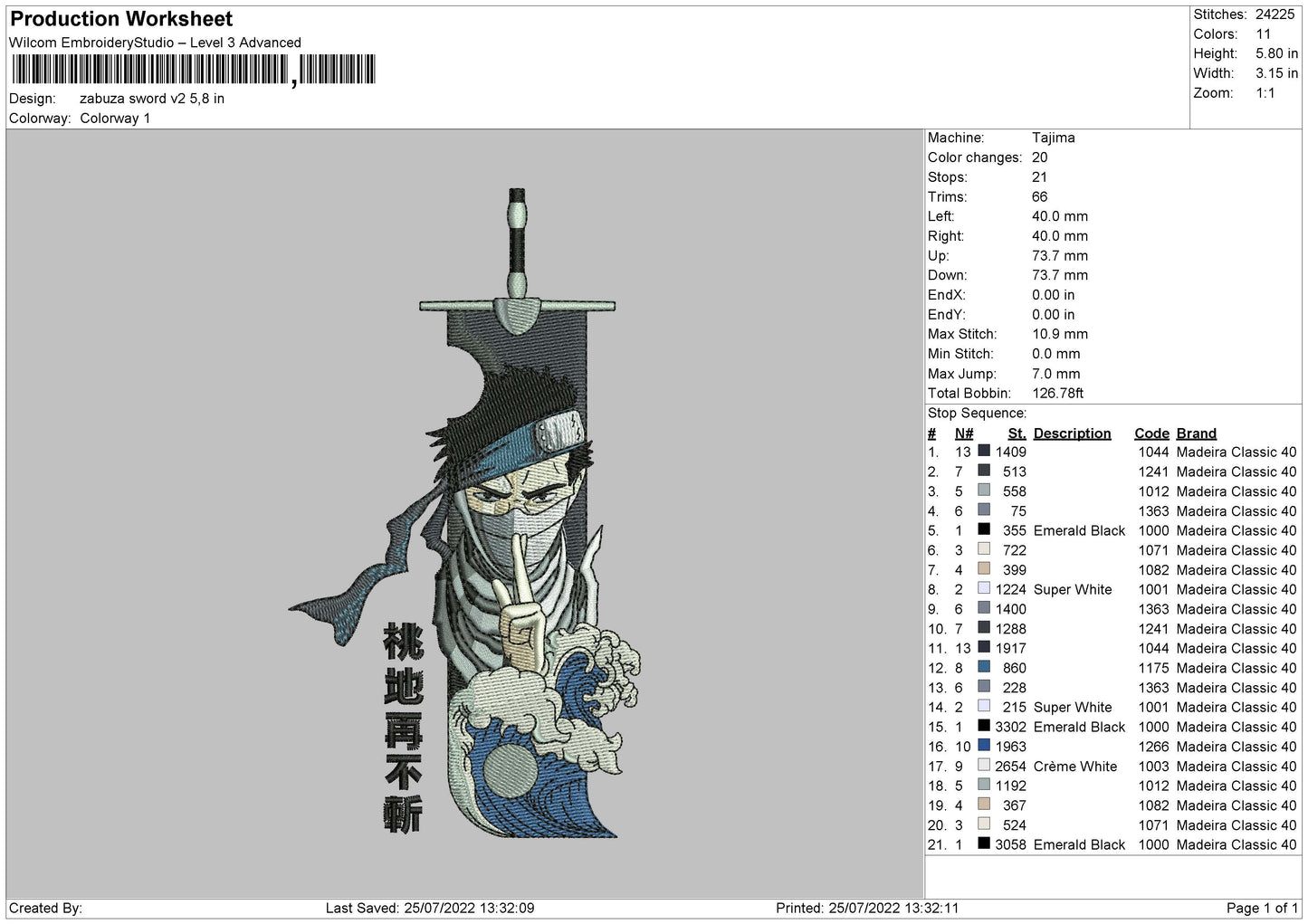 Zabuza Sword V2 Embroidery Machine Design File 4 sizes
