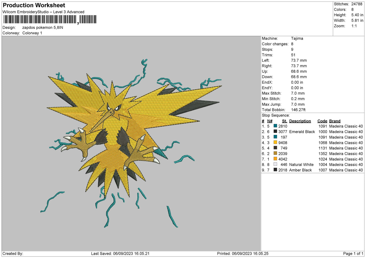 Zapdos Pokemon Embroidery File 6 sizes