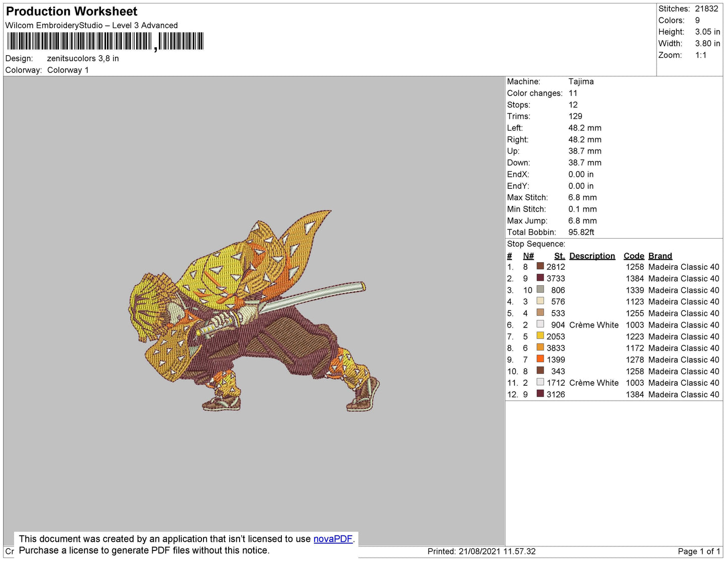 Zenitsu Agatsuma Embroidery Machine Design File 4 size