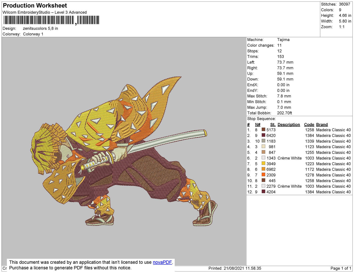 Zenitsu Agatsuma Embroidery Machine Design File 4 size