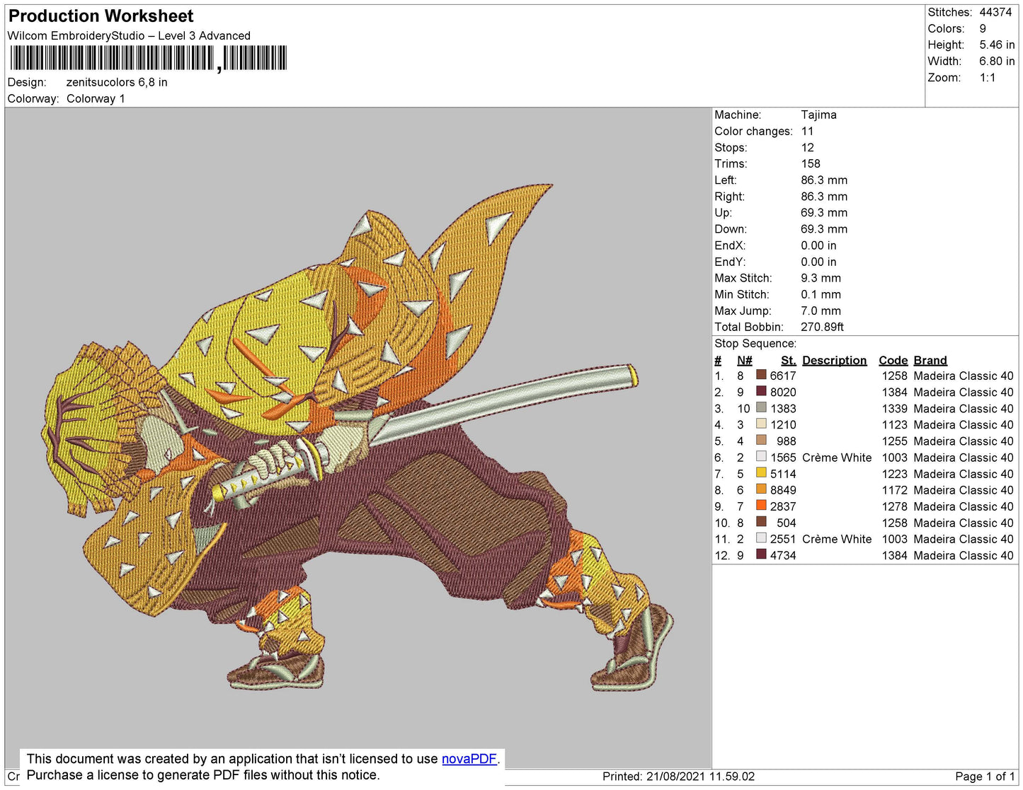 Zenitsu Agatsuma Embroidery Machine Design File 4 size