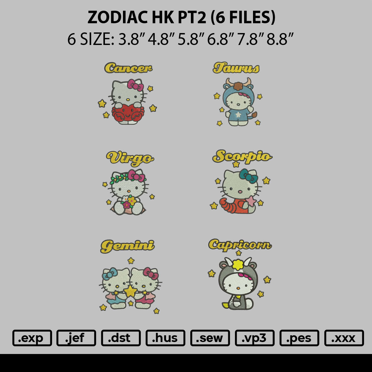 Zodiac HEllo Kitty Pt2 Embroidery Design 6 Files