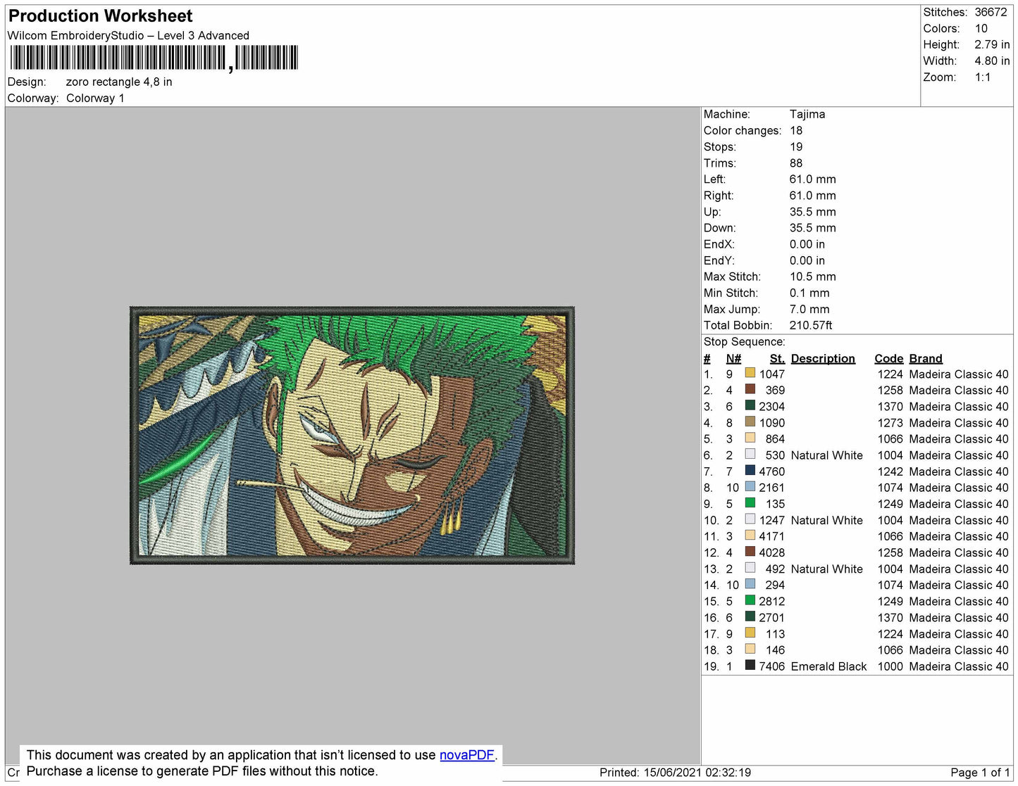 Zoro Rectangle Embroidery Machine Design File