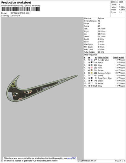Swoosh Zorro Embroidery File 4 size