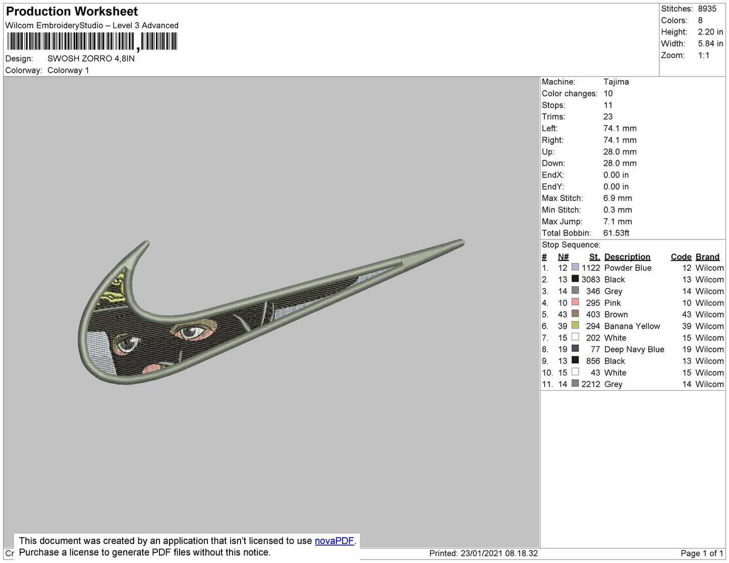Swoosh Zorro Embroidery File 4 size